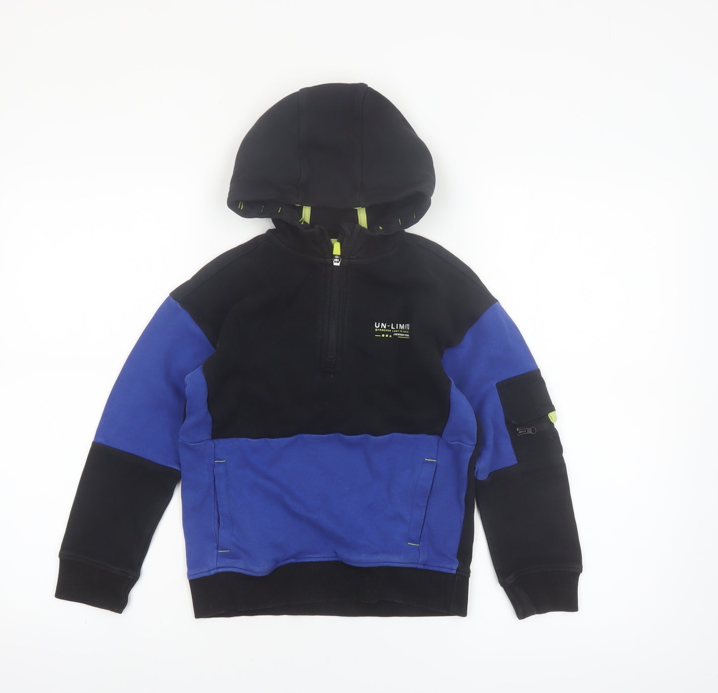 Nutmeg Boys Black Blue 7-8 Years 1/2 Zip Hoodie Colourblock Cotton Blend