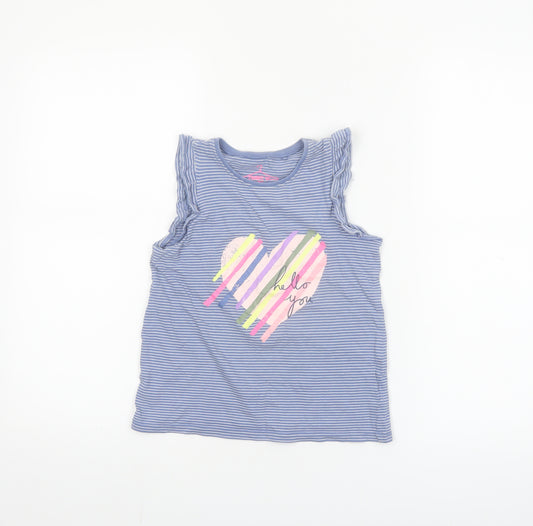 Next Girls Blue Striped Sleeveless Ruffle Cotton T-Shirt 7-8 Years