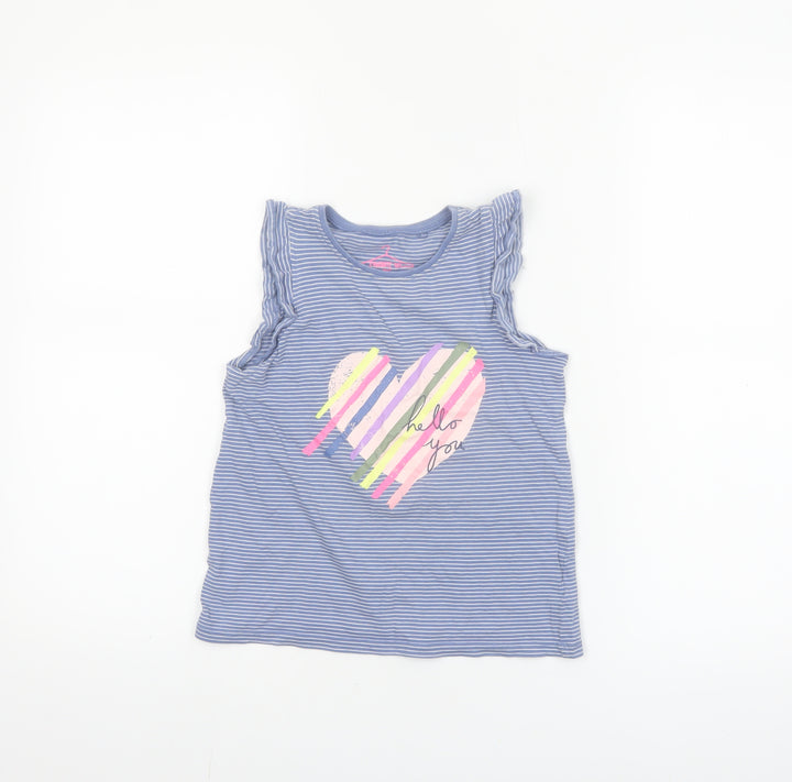 Next Girls Blue Striped Sleeveless Ruffle Cotton T-Shirt 7-8 Years