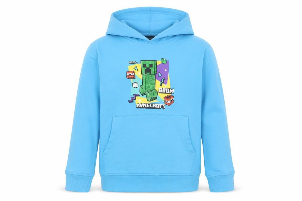 Front view of Minecraft boys’ blue pullover hoodie 8-10 years creeper graphic cotton blend