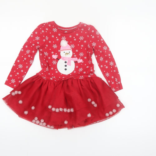 F&F Girls Red Christmas Snowman Long Sleeve Tutu Dress 3-4 Years