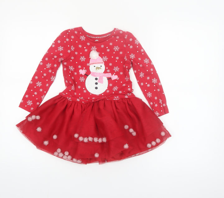 F&F Girls Red Christmas Snowman Long Sleeve Tutu Dress 3-4 Years