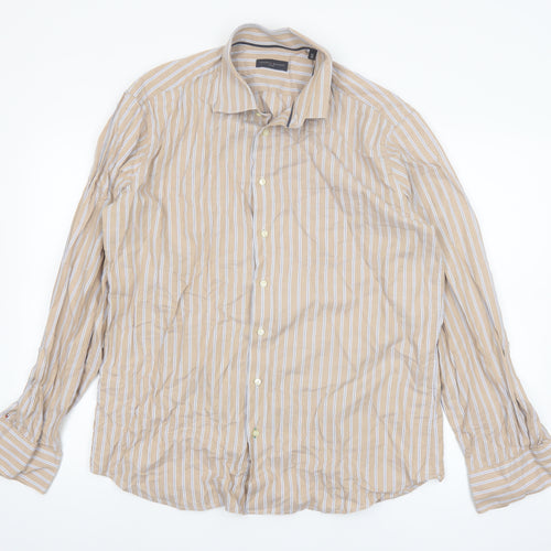 Tommy Hilfiger Mens Beige Striped Long Sleeve Cotton Shirt 16in
