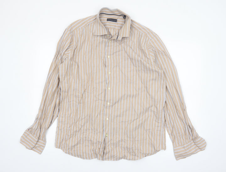 Tommy Hilfiger Mens Beige Striped Long Sleeve Cotton Shirt 16in