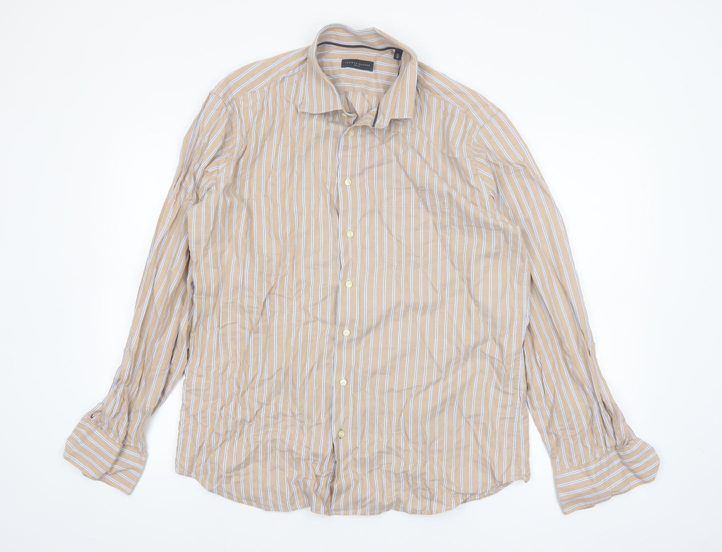 Tommy Hilfiger Mens Beige Striped Long Sleeve Cotton Shirt 16in