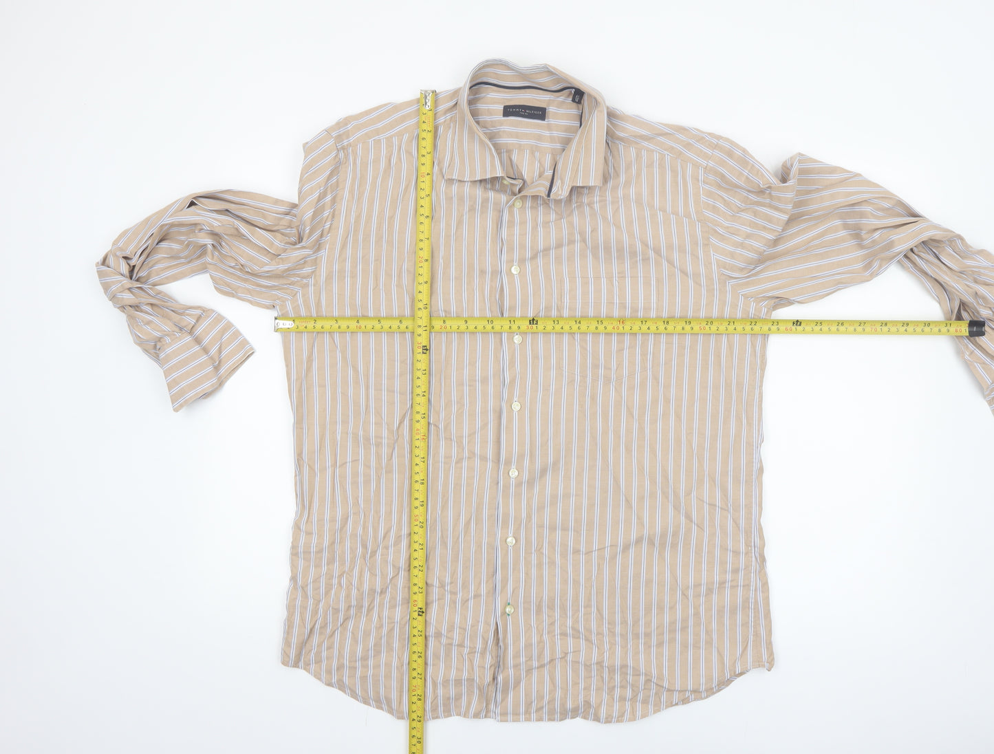 Tommy Hilfiger Mens Beige Striped Long Sleeve Cotton Shirt 16in