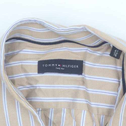 Tommy Hilfiger Mens Beige Striped Long Sleeve Cotton Shirt 16in