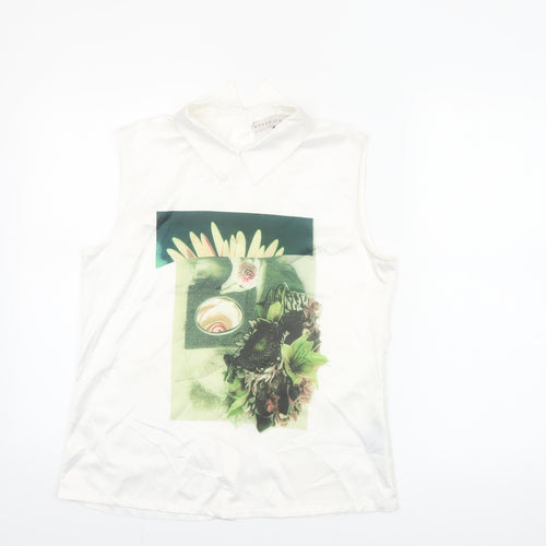 Rowen Avenue Women’s White Sleeveless Collared Floral Blouse Size 10