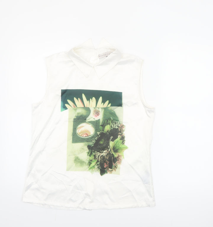 Rowen Avenue Women’s White Sleeveless Collared Floral Blouse Size 10