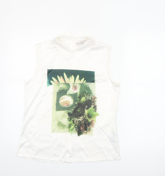 Rowen Avenue Women’s White Sleeveless Collared Floral Blouse Size 10