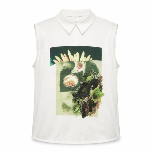 Front view of Rowen Avenue Women’s White Sleeveless Collared Floral Blouse, size UK 10