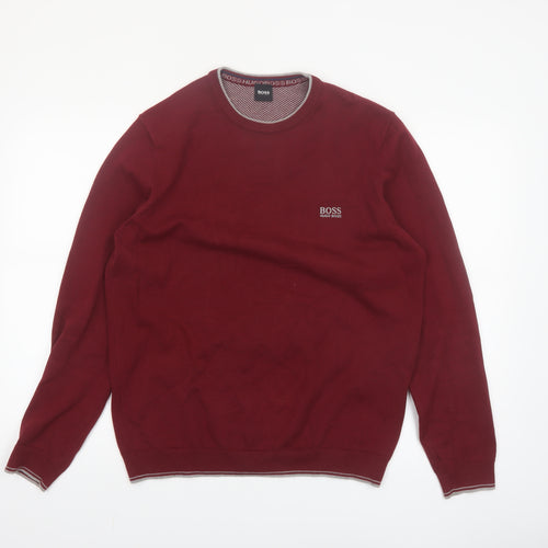 Hugo Boss Men’s Red Cotton Knit Crew Neck Jumper Size L