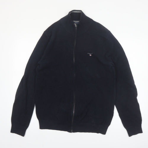 GANT Men's Blue Full Zip Cotton Jumper L High Neck Knit