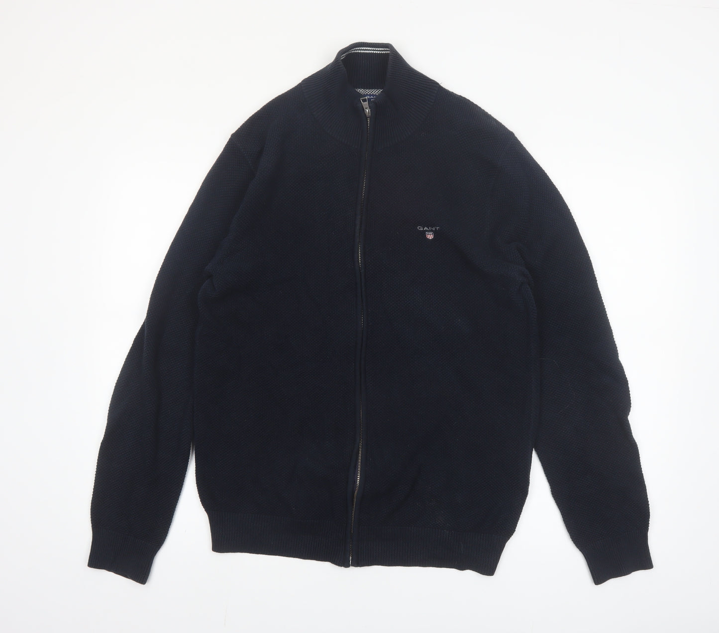 GANT Men's Blue Full Zip Cotton Jumper L High Neck Knit