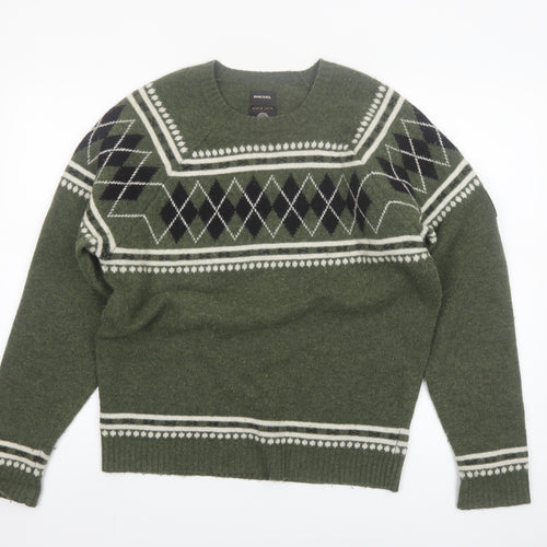 Diesel Men's Green Wool Argyle Crew Neck Jumper Size M