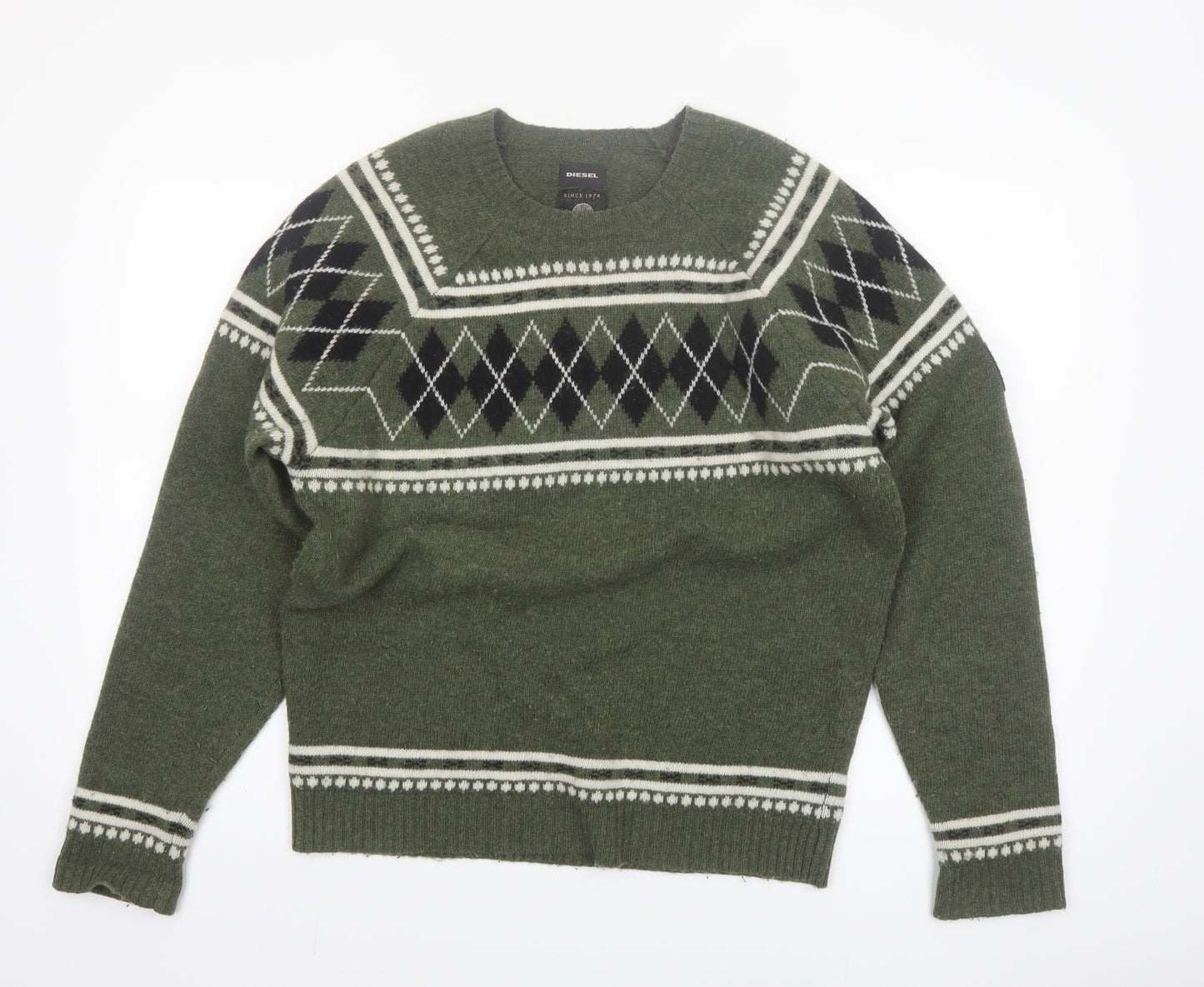 Diesel Men's Green Wool Argyle Crew Neck Jumper Size M
