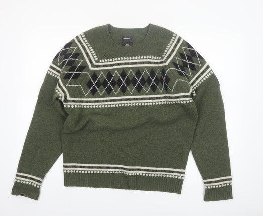 Diesel Men's Green Wool Argyle Crew Neck Jumper Size M