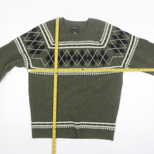 Diesel Men's Green Wool Argyle Crew Neck Jumper Size M