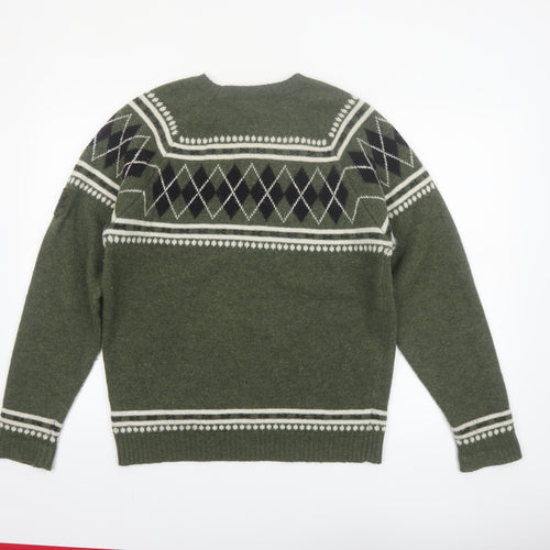 Diesel Men's Green Wool Argyle Crew Neck Jumper Size M