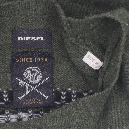 Diesel Men's Green Wool Argyle Crew Neck Jumper Size M