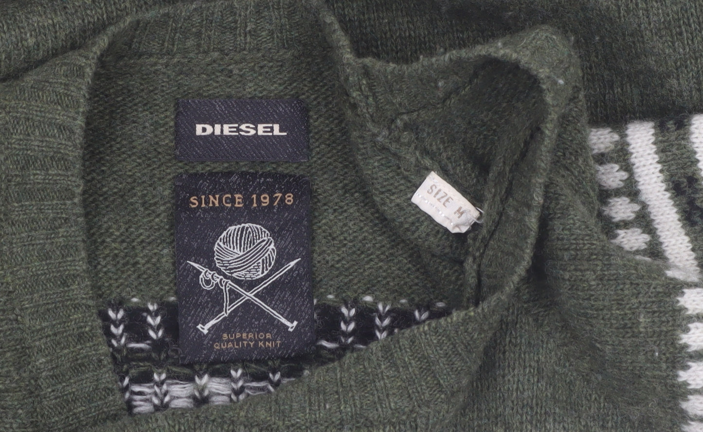 Diesel Men's Green Wool Argyle Crew Neck Jumper Size M