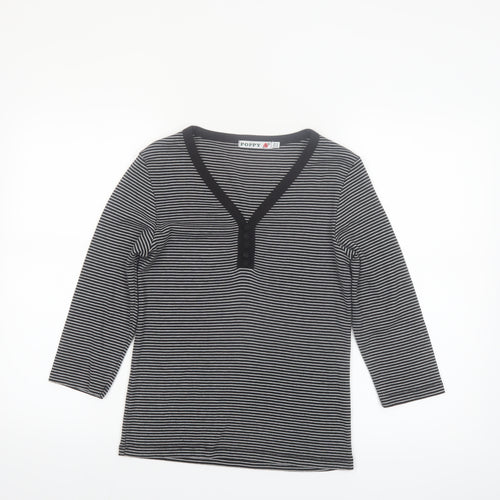 Poppy Women’s Black Striped V-Neck 3/4 Sleeve T-Shirt Size 10