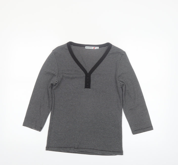 Poppy Women’s Black Striped V-Neck 3/4 Sleeve T-Shirt Size 10
