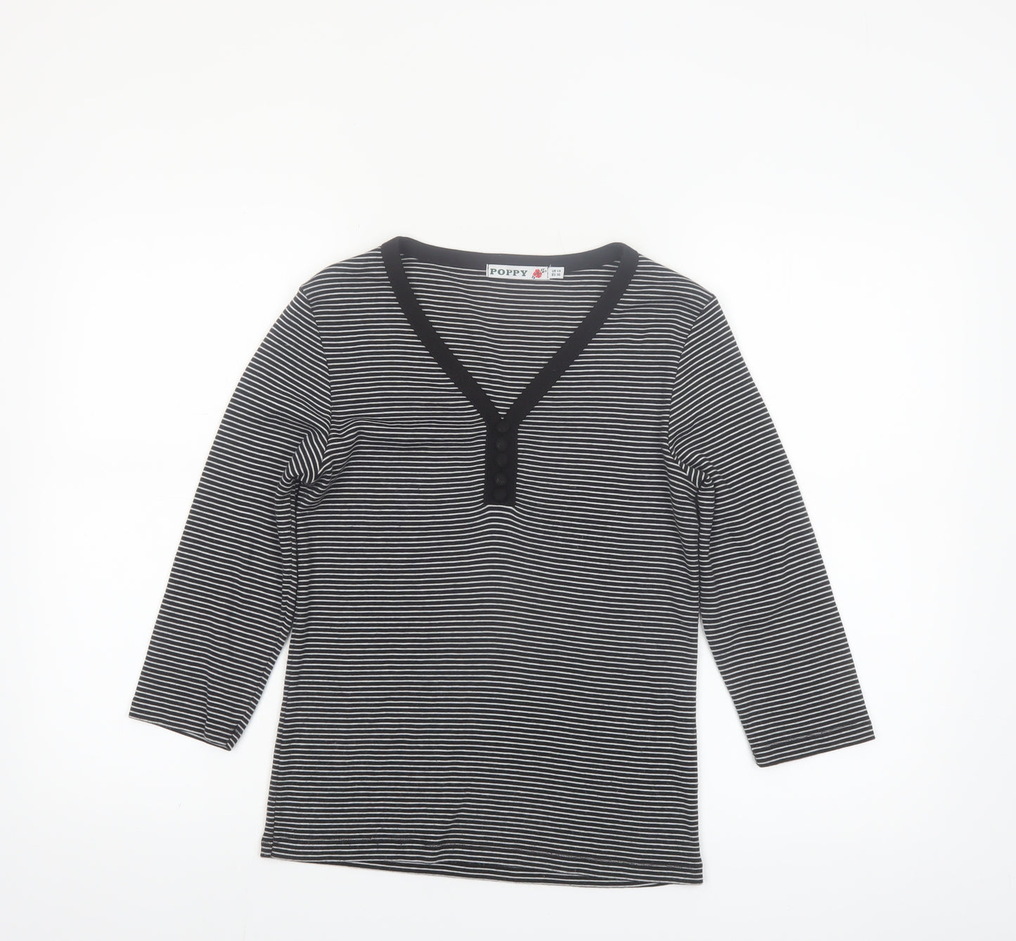 Poppy Women’s Black Striped V-Neck 3/4 Sleeve T-Shirt Size 10