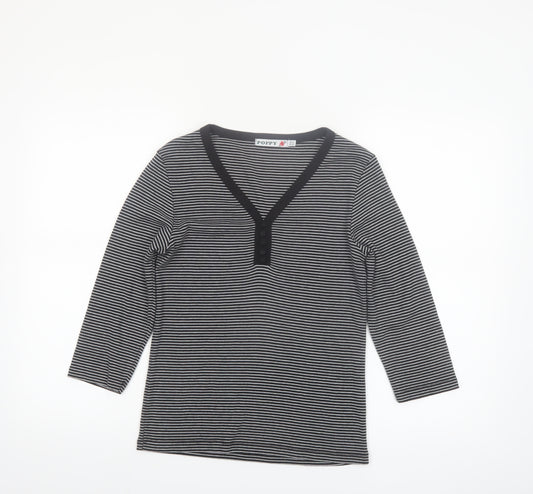 Poppy Women’s Black Striped V-Neck 3/4 Sleeve T-Shirt Size 10