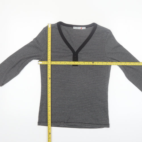 Poppy Women’s Black Striped V-Neck 3/4 Sleeve T-Shirt Size 10