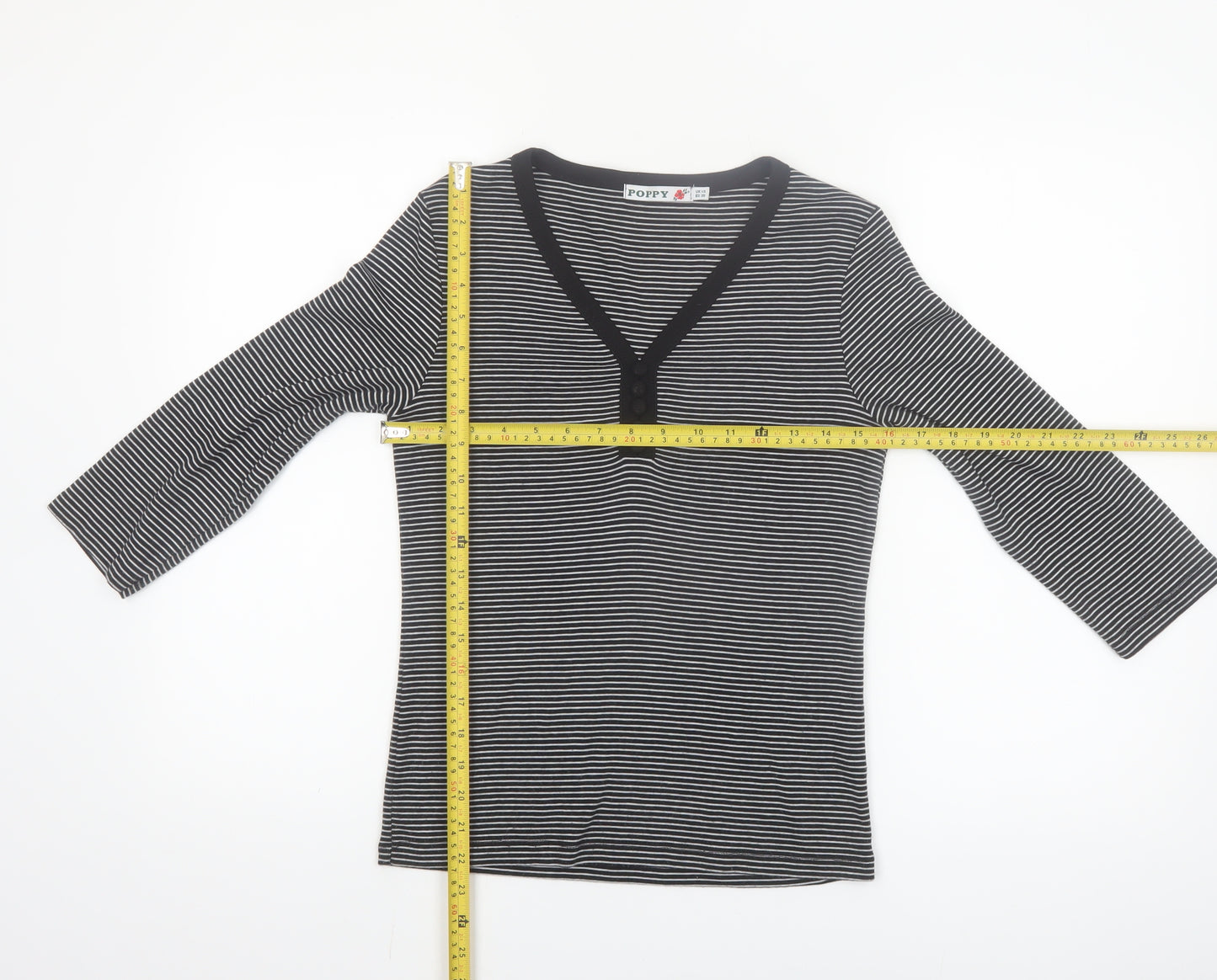 Poppy Women’s Black Striped V-Neck 3/4 Sleeve T-Shirt Size 10