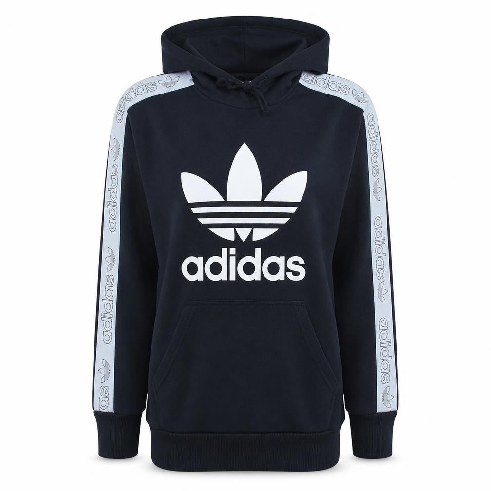 Front view of Adidas women’s black xs pullover hoodie with logo trim