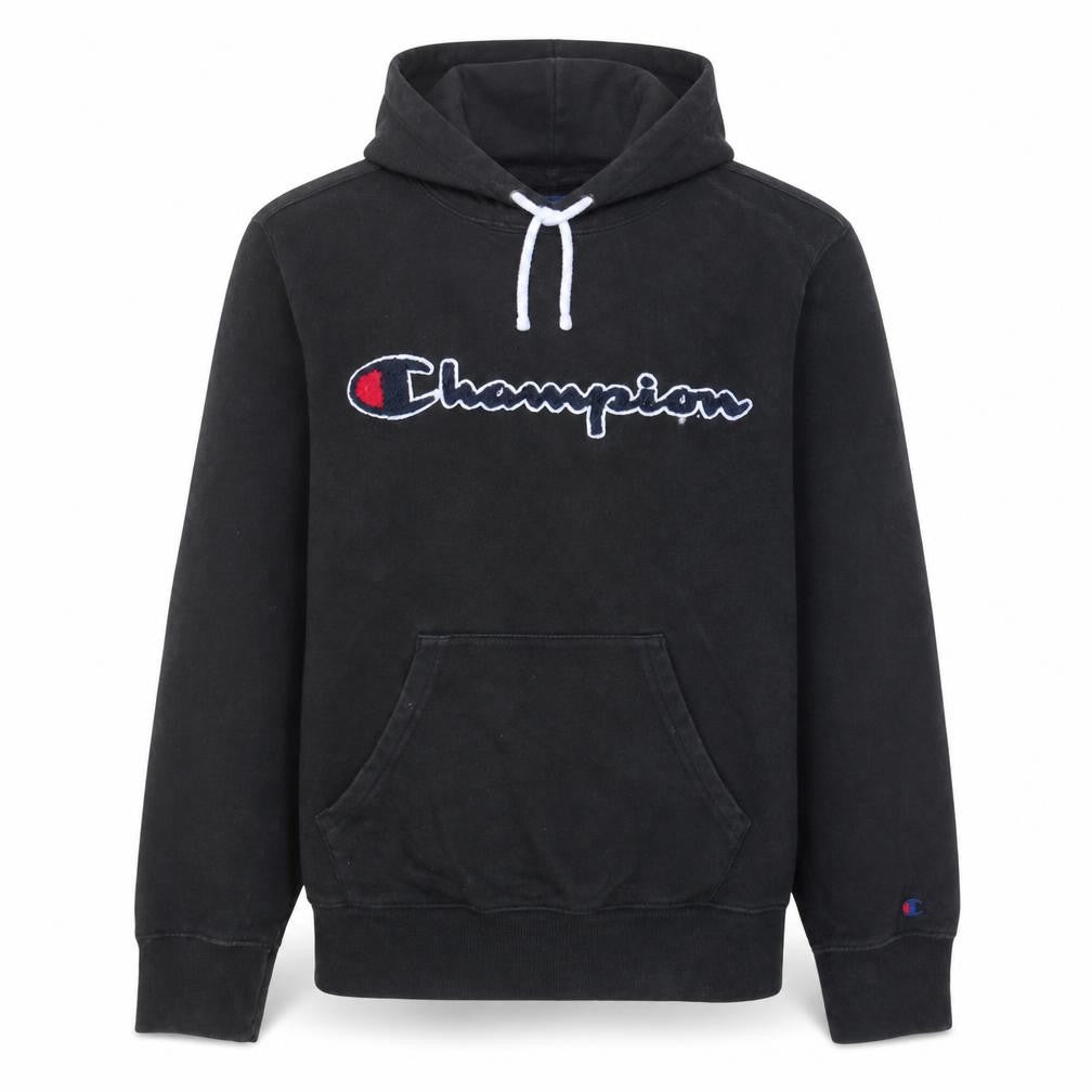 Front view of Champion Men's Black Small Pullover Hoodie with Embroidered Logo