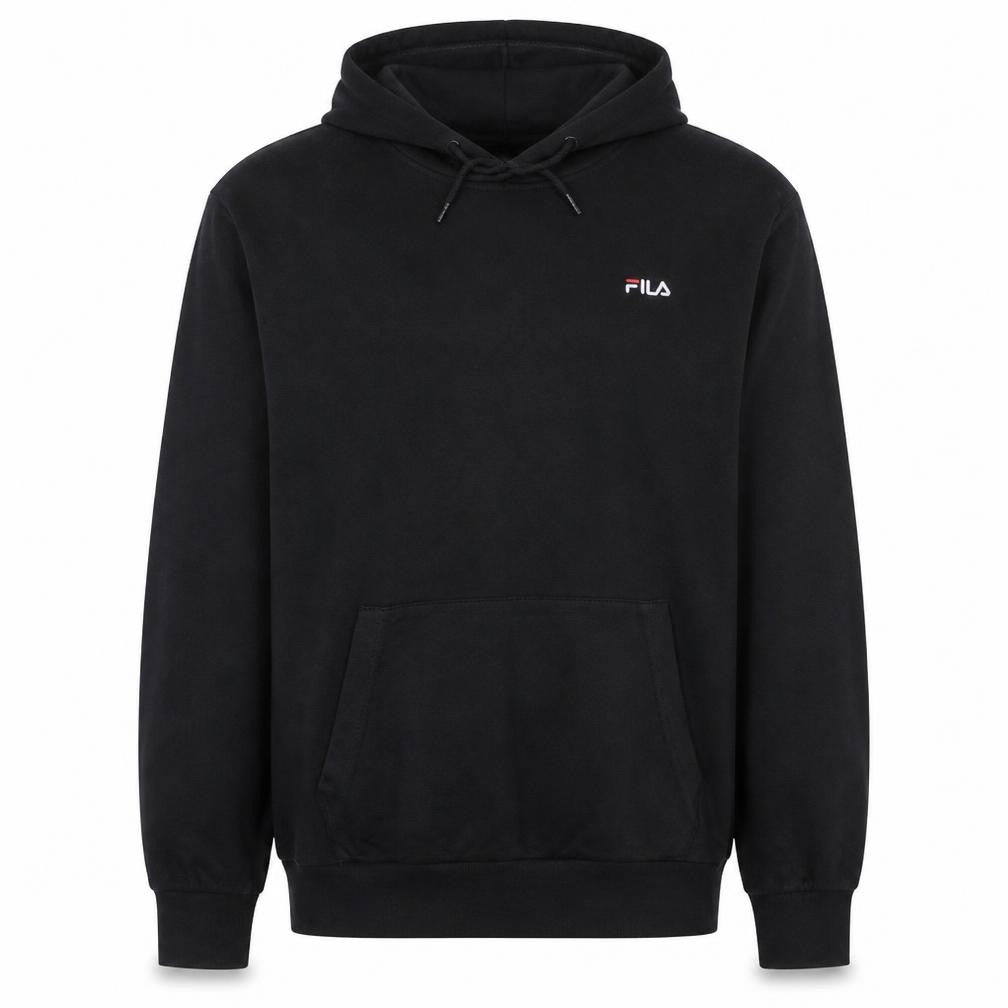 Front view of Fila Men's Black Pullover Hoodie Medium Logo Hooded Sweatshirt