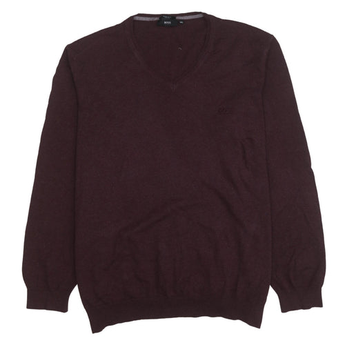 BOSS Mens Brown 2XL V-Neck Wool Cotton Pullover Jumper