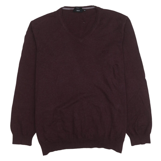 BOSS Mens Brown 2XL V-Neck Wool Cotton Pullover Jumper