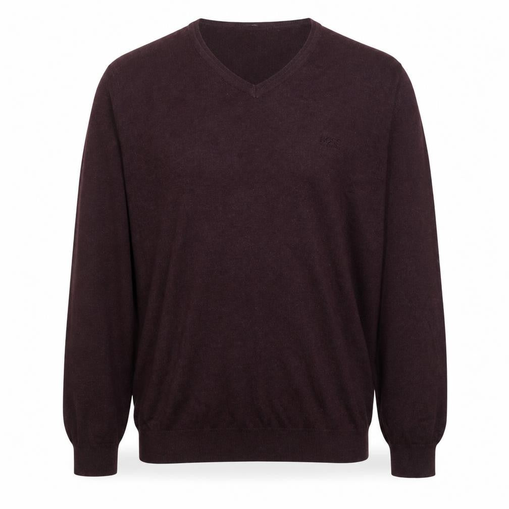 Front view of BOSS men’s brown 2xl v-neck wool cotton jumper
