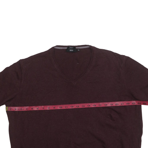 BOSS Mens Brown 2XL V-Neck Wool Cotton Pullover Jumper