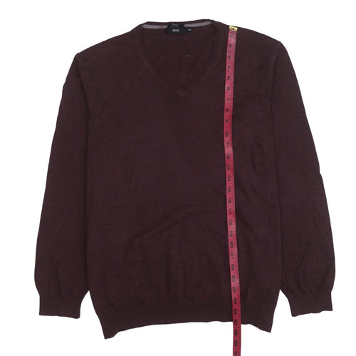 BOSS Mens Brown 2XL V-Neck Wool Cotton Pullover Jumper