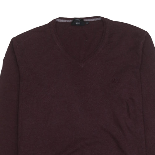 BOSS Mens Brown 2XL V-Neck Wool Cotton Pullover Jumper
