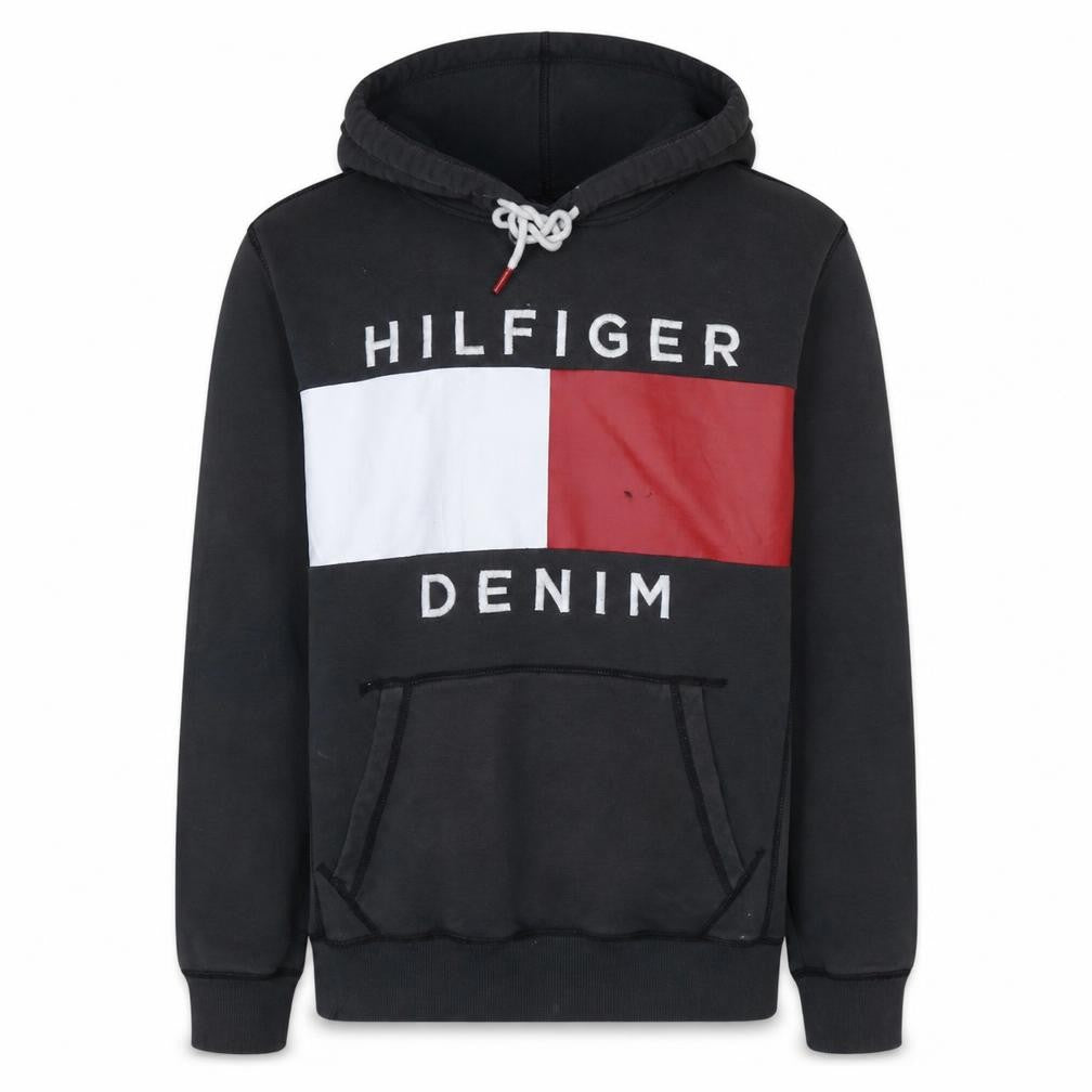 Front view of Tommy Hilfiger Denim Men’s Black Pullover Hoodie L Fleece Graphic