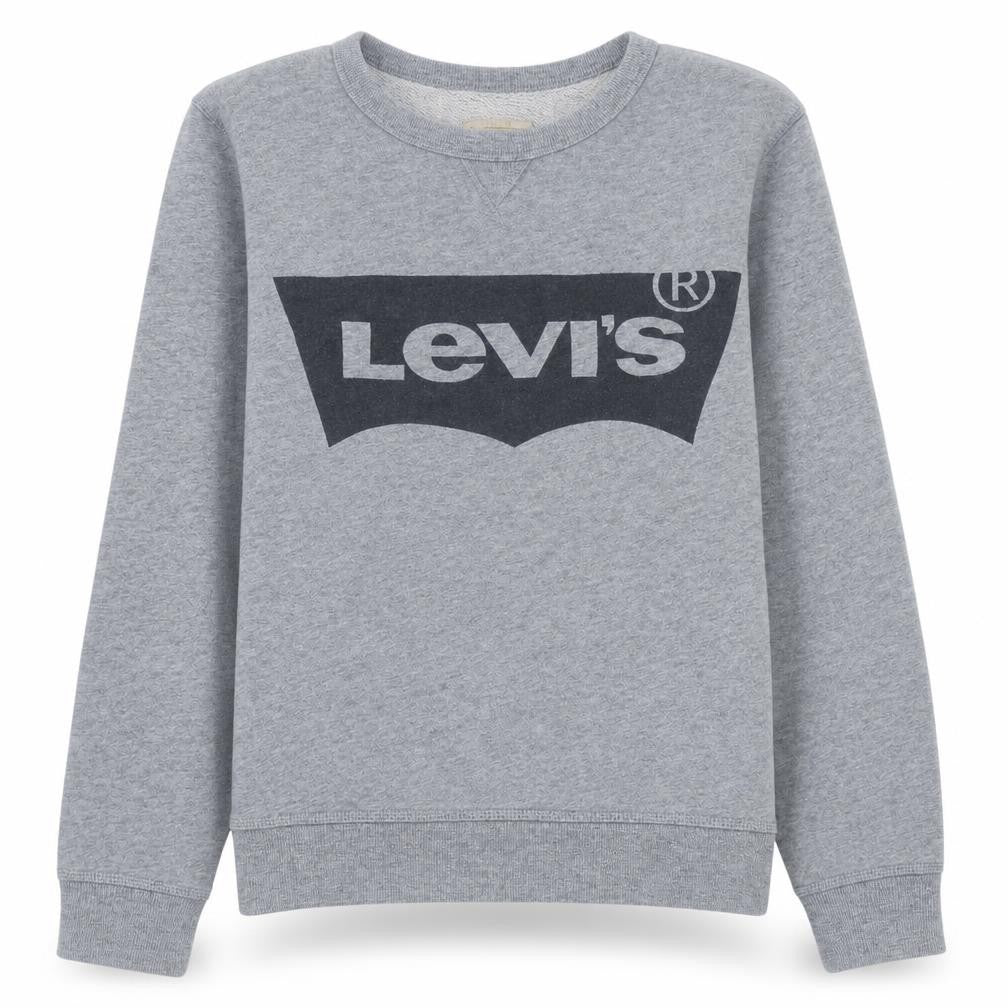 Front view of Levi's boys’ grey logo crew neck sweatshirt, size 14, cotton casual