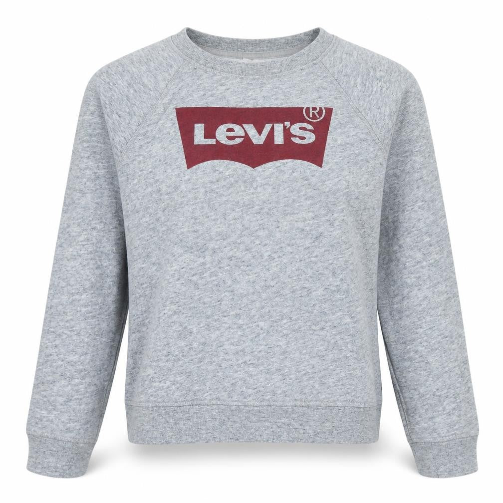 Front view of Levi's women’s grey crew neck logo pullover sweatshirt, size S