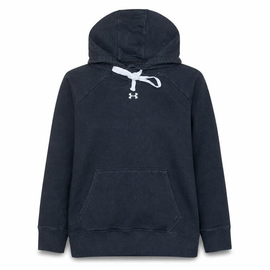 Front view of Under Armour women’s black large pullover hoodie with kangaroo pocket