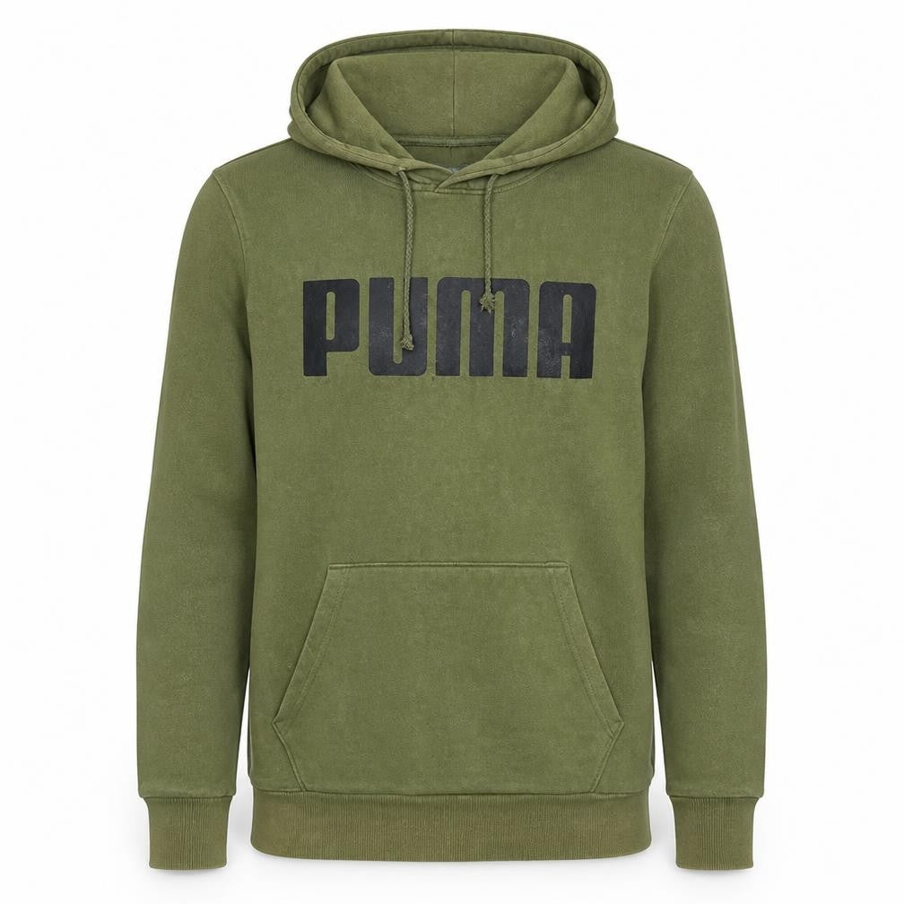 Front view of Puma Men's Green Pullover Hoodie S Logo Fleece Sweatshirt