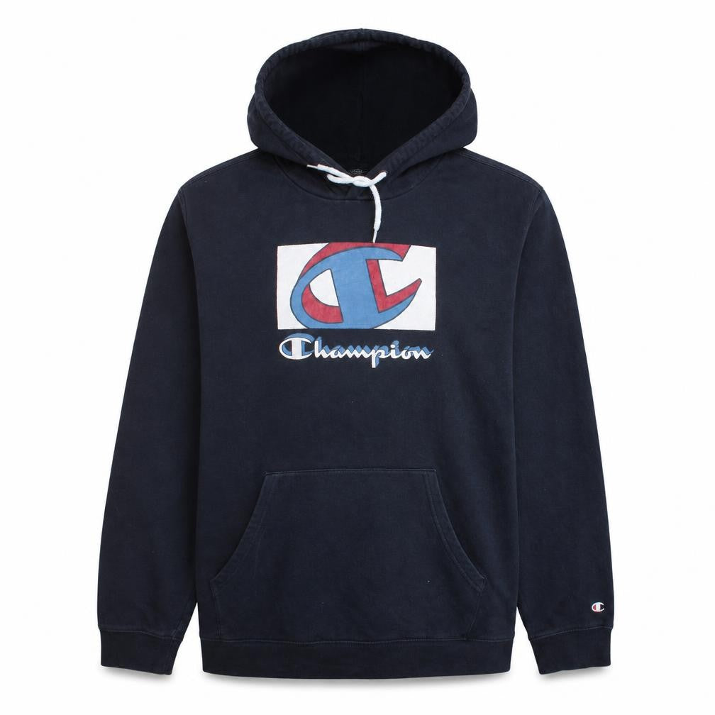Front view of Champion Men's Blue 2XL Pullover Hoodie with Logo Design