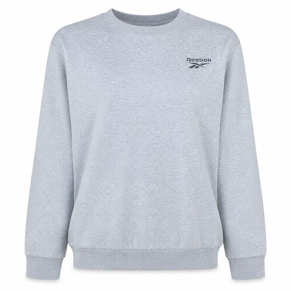Front view of Reebok women’s grey crew neck pullover sweatshirt l casual sportswear