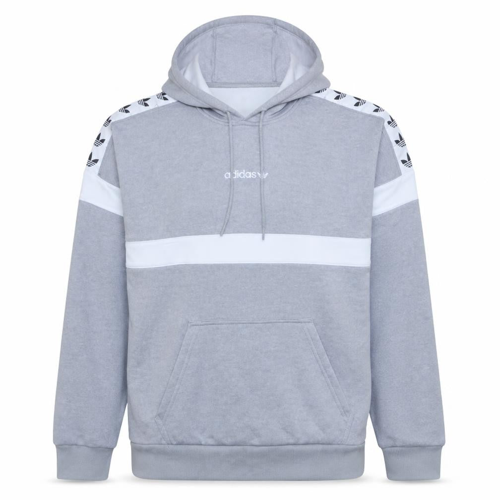 Front view of adidas men’s grey pullover hoodie medium logo fleece sportswear
