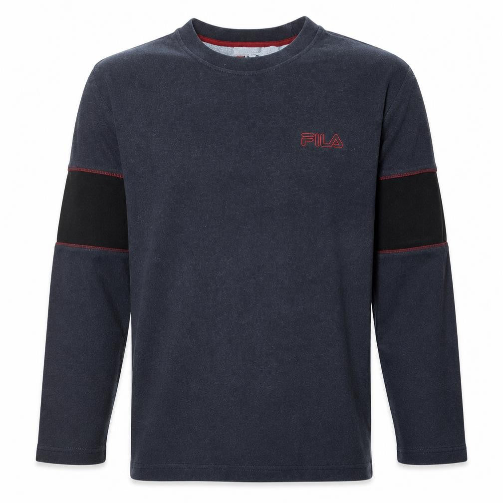 Front view of Fila men’s grey crew neck fleece sweatshirt, size M, retro style