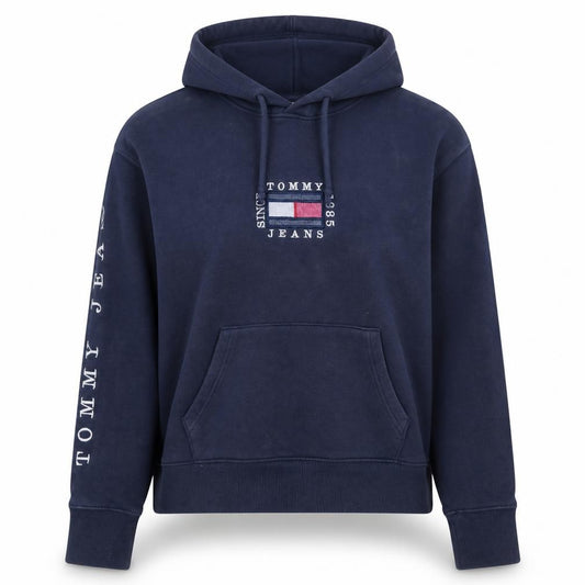 Front view of Tommy Jeans women’s navy hoodie xs pullover logo hooded sweatshirt